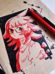 Rule 34 | 1girl, art tools in frame, blunt bangs, closed mouth, commentary, glasses, highres, imo metako, limited palette, looking at viewer, medium hair, original, signature, solo, symbol-only commentary, traditional media, turtleneck, upper body