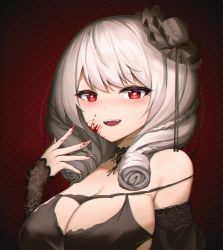 Rule 34 | 1girl, :d, azur lane, bare shoulders, black choker, black headwear, blood, blood on face, blood on hands, blush, breasts, bright pupils, choker, cleavage, detached sleeves, fingernails, grey hair, heart, heart-shaped pupils, highres, kafeifeifeifeifeifei jiemo jun, large breasts, long fingernails, long hair, long sleeves, looking at viewer, luetzow (everlasting blood banquet) (azur lane), luetzow (azur lane), off shoulder, open mouth, patterned background, red background, red eyes, skindentation, smile, solo, symbol-shaped pupils, tilted headwear, upper body