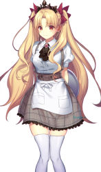 Rule 34 | 1girl, apron, arms behind back, ascot, black ascot, blonde hair, blush, breasts, brooch, earrings, ereshkigal (fate), fate/grand order, fate (series), grey skirt, hoop earrings, infinity symbol, jewelry, long hair, looking at viewer, medium breasts, orange eyes, parted bangs, puffy short sleeves, puffy sleeves, shirt, short sleeves, skirt, takibixt, thighhighs, thighs, tiara, tray, two side up, waist apron, white shirt, white thighhighs