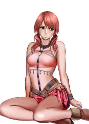 Rule 34 | 10s, 1girl, bare shoulders, boots, bracelet, crimson comics, crop top, final fantasy, final fantasy xiii, jewelry, legs, midriff, oerba dia vanille, red hair, short twintails, sitting, solo, tired, twintails