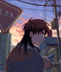Rule 34 | 1boy, black eyes, brown hair, brown jacket, building, cigarette, closed mouth, cloud, commentary request, expressionless, from behind, highres, holding, holding cigarette, inudori, itou kaiji, jacket, kaiji, long hair, looking at viewer, looking back, male focus, medium bangs, outdoors, power lines, road sign, sign, sky, solo, stop sign, sunset, upper body, utility pole