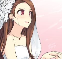 Rule 34 | 1girl, asterisk (asterism), blush, brown hair, dress, earrings, happy tears, idolmaster, idolmaster (classic), jewelry, minase iori, necklace, open mouth, red eyes, solo focus, tears, wedding, wedding dress