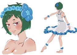Rule 34 | 1girl, absurdres, aged up, babywipes, blush stickers, commentary, dress, english commentary, eyelashes, flower, full body, green hair, hair flower, hair ornament, highres, looking at viewer, multiple views, parted lips, re:zero kara hajimeru isekai seikatsu, red eyes, see-through, see-through dress, short hair, simple background, standing, standing on one leg, typhon (re:zero), white background, white dress