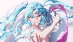 Rule 34 | 1girl, :q, absurdres, blue eyes, blue hair, commentary, english commentary, floating hair, hair between eyes, hatsune miku, highres, holding, long hair, looking at viewer, mi xiaoyou, shirt, short sleeves, solo, tongue, tongue out, twintails, upper body, vocaloid, white shirt