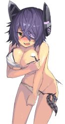 Rule 34 | 10s, 1girl, bad id, bad twitter id, bikini, blush, breasts, checkered clothes, checkered necktie, checkered neckwear, cleavage, covering privates, covering breasts, female focus, geeto gaadian, kantai collection, large breasts, looking at viewer, necktie, open mouth, purple hair, simple background, solo, swimsuit, tenryuu (kancolle), torn bikini, torn clothes, wardrobe malfunction, wet, white background, white bikini, yellow eyes