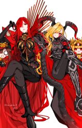 Rule 34 | 2girls, armor, armored bodysuit, armored boots, black armor, black bodysuit, black gloves, black horns, blonde hair, bodysuit, boots, breasts, buster shirt, cape, chain, collared cape, crest, crossed legs, dragon horns, facial mark, family crest, fate/grand order, fate (series), fur-trimmed cape, fur trim, gloves, hair over one eye, highres, horns, large breasts, long hair, long horns, looking at viewer, medallion, multiple girls, nero claudius (fate), nero claudius (fate) (all), oda nobunaga (fate), oda nobunaga (maou avenger) (fate), oda uri, pointy ears, popped collar, pteruges, queen draco (fate), queen draco (third ascension) (fate), red cape, red eyes, red hair, red scales, shoulder plates, sitting, smile, tight top, very long hair, wavy hair, yui (tamagohan)
