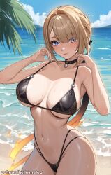 1girl alternate_costume armpit_crease bare_shoulders beach bikini black_bikini black_choker black_ribbon blonde_hair blue_sky blush breasts choker closed_mouth collarbone commentary cowboy_shot day english_commentary evelyn_chevalier helloimtea highres large_breasts long_ribbon looking_at_viewer mole mole_under_eye multi-strapped_bikini_bottom navel ocean outdoors paid_reward_available patreon_username purple_eyes ribbon ring_hair_ornament sand short_hair sky smile solo stomach swimsuit wet zenless_zone_zero