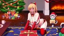 Rule 34 | 1girl, bell, bikini, blonde hair, blue eyes, bow, box, breasts, carpet, christmas, christmas ornaments, christmas present, christmas tree, cleavage, confetti, cookie, cup, detached collar, dog, fire, fireplace, food, full body, gift, floral bow, gift box, gift wrapping, hair bow, hat, highres, holding, holding ribbon, jingle bell, kaitofuuma, kneeling, large breasts, long hair, looking at viewer, mouth hold, mug, original, plate, ponytail, red bikini, red bow, red thighhighs, ribbon, santa bikini, santa costume, santa hat, solo, swimsuit, thighhighs, wooden floor