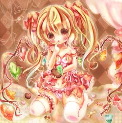 Rule 34 | 1girl, alternate hairstyle, alternate wings, bad id, bad pixiv id, bare shoulders, blonde hair, blush, candy, chocolate, female focus, finger to mouth, flandre scarlet, food, heart, looking at viewer, momoon karin, no headwear, no headwear, panties, pink panties, red eyes, revision, sitting, solo, strap slip, thighhighs, touhou, twintails, underwear, underwear only, valentine, white thighhighs, wings