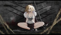 Rule 34 | 1girl, 2020, absurdres, animal ears, arknights, artist name, bare arms, bare legs, bare shoulders, black choker, black footwear, black jacket, black shorts, blonde hair, boots, breasts, bruise, character name, chinese commentary, choker, cleavage, commentary request, copyright name, cutoffs, fur-trimmed jacket, fur trim, hair between eyes, hammer, head tilt, highres, indian style, injury, jacket, jacket on shoulders, large breasts, letterboxed, lion ears, long hair, looking at viewer, md5 mismatch, mouth hold, niuy, parted lips, photoshop (medium), revision, short shorts, shorts, siege (arknights), sitting, solo, tank top, thighs, weapon, white tank top, yellow eyes