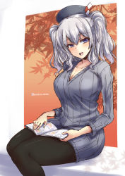 Rule 34 | 10s, 1girl, :d, alternate costume, beret, black pantyhose, blue eyes, blush, breasts, collarbone, hat, kantai collection, kashima (kancolle), large breasts, long sleeves, looking at viewer, magazine (object), open mouth, pantyhose, ribbed sweater, shinshin, silver hair, sitting, smile, solo, sweater, tsurime, twintails, twitter username, wavy hair