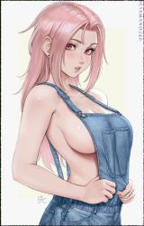 Rule 34 | 1girl, bare shoulders, breasts, chloe (sciamano240), earrings, freckles, jewelry, large breasts, long hair, naked overalls, original, overalls, pink eyes, pink hair, pink lips, sciamano240, sideboob, white background