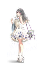 Rule 34 | 1girl, absurdres, ankle socks, bag, blush, bouquet, breasts, dress, facing away, floral print, flower, frilled dress, frills, full body, handbag, high heels, highres, light brown hair, long hair, looking at viewer, looking back, medium breasts, open mouth, original, puracotte, purple eyes, shadow, simple background, sleeveless, sleeveless dress, socks, solo, sundress, white background