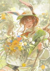 Rule 34 | 1girl, :d, ^ ^, absurdres, amiya (arknights), amiya (planter) (arknights), animal ears, arknights, baseball cap, birdy437, bouquet, brown hair, chain, closed eyes, commentary request, cowboy shot, ears through headwear, facing viewer, flower, green jacket, happy, hat, highres, jacket, long hair, long sleeves, multicolored clothes, multicolored jacket, official alternate costume, open mouth, orange flower, outdoors, rabbit ears, sidelocks, smile, solo, teeth, two-tone jacket, upper teeth only, very long hair, white bag, white flower, white hat, white jacket, yellow flower