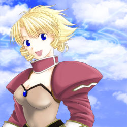 Rule 34 | 00s, 1girl, :d, blonde hair, blue eyes, breasts, cleavage, cloud, cloudy sky, day, drill hair, gem, open mouth, pacifica casull, ponytail, scrapped princess, shoulder pads, sky, smile, solo, twin drills, upper body, yuki tomo