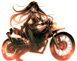 Rule 34 | 1girl, bodysuit, boots, collar, gloves, light, long hair, monochrome, motor vehicle, motorcycle, open clothes, open shirt, orange theme, shirt, simple background, solo, vehicle
