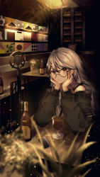 Rule 34 | 1girl, akaya (akayakazu), bad id, bad pixiv id, blurry, blurry foreground, bottle, brown eyes, cup, drinking glass, elbows on table, head rest, highres, indoors, iron saga, lights, long hair, looking at viewer, menu, microphone, plant, potted plant, silver hair, sitting, solo, table, windsor (iron saga), wine bottle, wine glass