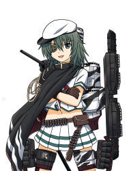 Rule 34 | 10s, 1girl, :d, brown gloves, cape, crossed arms, eyepatch, gloves, green eyes, green hair, hat, hoshino banchou, kantai collection, kiso (kancolle), kiso kai ni (kancolle), long hair, looking at viewer, machinery, navel, open mouth, pleated skirt, school uniform, serafuku, simple background, skirt, smile, solo, white background