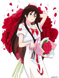Rule 34 | 1girl, akira ferrari, andanden, aria (manga), arm up, blush, bouquet, bow, bowtie, brown eyes, brown hair, closed mouth, collarbone, cowboy shot, dress, eyelashes, falling petals, flower, hair between eyes, highres, himeya company uniform, holding, holding bouquet, long hair, looking at viewer, petals, red bow, red bowtie, red flower, red headwear, red rose, rose, rose petals, sailor collar, short sleeves, side slit, signature, solo, two-tone headwear, white background, white dress, white headwear
