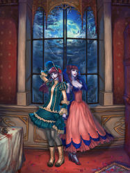 Rule 34 | 2girls, bad id, bad pixiv id, blood, bonnet, boots, breasts, broken glass, broken mirror, castlevania (series), castlevania: portrait of ruin, chalice, cleavage, cloud, cup, dress, elbow gloves, european clothes, flower, forest, frills, glass, gloves, goenitzchild, heterochromia, high heels, highres, large breasts, lips, lipstick, long hair, loretta lecarde, makeup, mirror, moon, moonlight, multiple girls, nature, pale skin, pantyhose, petals, purple hair, rose, shoes, siblings, signature, skirt, sky, spill, stella lecarde, table, twins, vampire, window