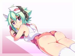 Rule 34 | 1girl, ass, azure striker gunvolt, bare shoulders, blush, breasts, cougar (cougar1404), from behind, green hair, headgear, leotard, looking at viewer, looking back, lying, hugging object, on stomach, pillow, pillow hug, purple eyes, roro (gunvolt), shiny clothes, shiny skin, short hair, sideboob, solo, thighhighs, wedgie
