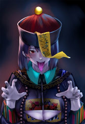 Rule 34 | 1girl, bad id, bad pixiv id, bead necklace, beads, black hair, black nails, breasts, cleavage, cleavage cutout, clothing cutout, colored skin, colored tongue, hair over one eye, hat, highres, jewelry, jiangshi, large breasts, long sleeves, looking at viewer, misa (929382672), nail polish, necklace, ofuda, open mouth, original, pale skin, purple skin, purple tongue, qingdai guanmao, red eyes, short hair, simple background, solo, tongue, tongue out, upper body