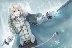 Rule 34 | 1boy, aqua cape, belt, belt buckle, black pants, blonde hair, blurry, blurry background, brown belt, buckle, bungou to alchemist, buttons, cape, cowboy shot, curtained hair, double-breasted, epaulettes, frilled sleeves, frills, fur-trimmed cape, fur trim, gem, gloves, green eyes, green gemstone, hair between eyes, hair over shoulder, hair ribbon, holding, jacket, lev tolstoy (bungou to alchemist), low ponytail, male focus, medium hair, multiple belts, open mouth, outstretched hand, pants, purple belt, purple ribbon, ribbon, side cape, sleeve cuffs, snowflakes, snowing, solo, teeth, upper teeth only, user mhst3483, white gloves, white jacket