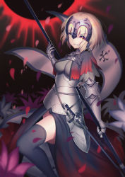 Rule 34 | 1girl, armor, black thighhighs, blonde hair, breasts, capelet, chain, fate/grand order, fate (series), faulds, flag, gauntlets, grin, headpiece, holding, jeanne d&#039;arc (fate), jeanne d&#039;arc alter (avenger) (fate), jeanne d&#039;arc alter (fate), large breasts, looking at viewer, parted lips, petals, short hair, smile, solo, standard bearer, thighhighs, xiaosan ye, yellow eyes