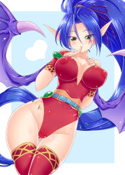 Rule 34 | 1girl, blue hair, breasts, breath of fire, breath of fire ii, cleavage, covered erect nipples, dragon, dragon girl, dragon wings, green eyes, hair between eyes, highres, large breasts, leotard, long hair, looking at viewer, monster girl, outside border, patty the phantom thief, pointy ears, ponytail, red leotard, smile, solo, thighhighs, very long hair, wings, yakisoba (kaz2113)
