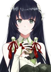 Rule 34 | 1girl, bad id, bad twitter id, bare shoulders, black eyes, black hair, breasts, detached sleeves, dress, green dress, hair ornament, hair ribbon, hair tubes, highres, japanese clothes, kantai collection, long hair, looking at viewer, mizuho (kancolle), morinaga miki, ribbon, sidelocks, simple background, smile, solo, very long hair, white background