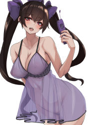 Rule 34 | 1girl, :s, bow, breasts, brown hair, cellphone, cleavage, covered erect nipples, female pubic hair, frills, hair bow, hands on floor, hat, heart, heart-shaped pupils, highres, himekaidou hatate, large breasts, long hair, medium breasts, navel, nightgown, nipples, phone, pubic hair, purple bow, purple eyes, purple nightgown, see-through, simple background, solo, symbol-shaped pupils, tokin hat, touhou, twintails, white background, yukito (dreamrider)