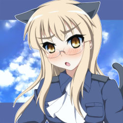 Rule 34 | 1girl, animal ears, blonde hair, blush, cat ears, cat tail, fang, glasses, ikue fuuji, long hair, looking at viewer, military, military uniform, open mouth, perrine h. clostermann, solo, strike witches, tail, uniform, world witches series, yellow eyes