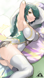 Rule 34 | armpits, ass, braid, braided ponytail, breasts, circlet, fire emblem, fire emblem heroes, green hair, hair over one eye, highres, ikura (downdexp), large breasts, long hair, lying, nintendo, on side, panties, solo, thighhighs, thorr (fire emblem), underwear, white panties, white thighhighs, yellow eyes