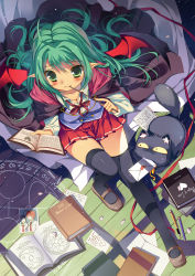 Rule 34 | 1girl, ahoge, bad id, bad pixiv id, bat wings, black thighhighs, blush, book, breasts, cape, cat, chalk, cherry blossoms, cleavage, from above, green eyes, green hair, heart, highres, letter, loafers, long hair, love letter, magic circle, masushita, matching hair/eyes, mechanical pencil, original, pencil, petals, photo (object), pleated skirt, pointy ears, ribbon, school uniform, shoes, sitting, skirt, small breasts, solo, thighhighs, vest, wand, wings, zettai ryouiki