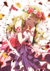 Rule 34 | 10s, :d, bad id, bad pixiv id, bare shoulders, blunt bangs, blurry, blush, closed eyes, collarbone, crossed arms, crying, dress, eyebrows, flower, flowing dress (dq), hands on own chest, happy, idolmaster, idolmaster million live!, layered dress, long hair, miyao miya, narumi arata, open mouth, smile, solo, thick eyebrows, trophy, wavy hair, wavy mouth