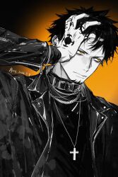 Rule 34 | 1boy, 2023, black hair, closed mouth, collar, commentary request, cross, cross necklace, dated, earrings, facial hair, finger tattoo, frown, goatee, hand on own face, hand tattoo, jacket, jewelry, jyukawa, long sleeves, looking to the side, male focus, necklace, one piece, short hair, solo, tattoo, trafalgar law, turtleneck, yellow background, yellow eyes, zipper, zipper pull tab