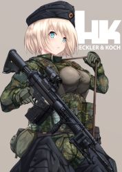 Rule 34 | 1girl, absurdres, assault rifle, battle rifle, bipod, blonde hair, blue eyes, camouflage, commentary, dai toro, foregrip, garrison cap, gloves, gun, h&amp;k g3, hat, heckler &amp; koch, highres, military, military hat, original, rifle, scope, short hair, simple background, solo, weapon