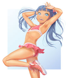 Rule 34 | 1girl, armpits, arms up, ass, bikini, bikini skirt, blue eyes, blue hair, commentary request, flat chest, hair bobbles, hair ornament, highres, leg up, long hair, looking at viewer, open mouth, original, pink bikini, shoes, smile, sneakers, solo, swimsuit, tan, tanline, twintails, uzuki mei