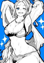 Rule 34 | 1girl, absurdres, arms behind head, bikini, bikini top only, blue background, blue eyes, breasts, cleavage, greyscale with colored background, highres, jewelry, large breasts, long hair, midriff, monochrome, necklace, nefertari vivi, one eye closed, one piece, ponytail, smile, standing, swimsuit, upper body, wet, yotsumi shiro