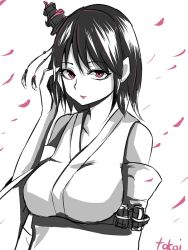 Rule 34 | 10s, 1girl, artist name, bad id, bad pixiv id, breasts, cherry blossoms, detached sleeves, hair ornament, hand on own head, kantai collection, large breasts, lipstick, makeup, monochrome, nontraditional miko, pagoda, red eyes, short hair, solo, spot color, tassel, tokoi, yamashiro (kancolle)