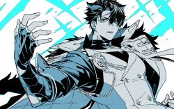 Rule 34 | 1boy, bandaged arm, bandaged neck, bandages, black hair, blue eyes, chain, coat, ear piercing, fur-trimmed coat, fur trim, genshin impact, hand up, jacket, looking at viewer, male focus, parted lips, piercing, scar, solo, spot color, teeth, toriyoshi, upper teeth only, vest, wriothesley (genshin impact)