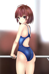 Rule 34 | 10s, 1girl, ass, backless swimsuit, bar (place), brown eyes, brown hair, competition swimsuit, from behind, koutetsujou no kabaneri, mumei (kabaneri), one-piece swimsuit, shima-shuu, short hair, solo, standing, swimsuit