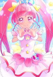 Rule 34 | 1girl, ahoge, back bow, blush, bow, choker, closed mouth, cowboy shot, cure star, dress, earrings, hair ornament, highres, hoshina hikaru, jewelry, juugoya neko, long hair, looking at viewer, magical girl, pleated dress, precure, red eyes, red hair, short dress, smile, solo, standing, star twinkle precure, tears, twintails, very long hair, white bow, white dress