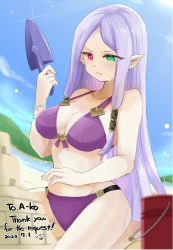 Rule 34 | 1girl, bare shoulders, beach, bikini, breasts, bucket hat, cleavage, collarbone, commission, fire emblem, fire emblem: the binding blade, green eyes, hat, heterochromia, idunn (fire emblem), large breasts, light purple hair, long hair, nintendo, pointy ears, purple bikini, purple eyes, sand castle, sand sculpture, skeb commission, solo, swimsuit, trowel, v-shaped eyebrows, very long hair, wet, yukia (firstaid0)