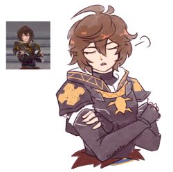 Rule 34 | 1boy, ahoge, armor, artist name, breastplate, brown hair, closed eyes, commentary, cropped torso, crossed arms, derivative work, english commentary, fauxpapillon, fingerless gloves, gloves, granblue fantasy, hair between eyes, highres, hood, hood down, male focus, messy hair, parted lips, sandalphon (granblue fantasy), screenshot redraw, shoulder armor, sigh, signature, solo, turtleneck, twitter username, white background