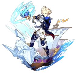 Rule 34 | 1boy, blonde hair, blue eyes, dragalia lost, holding, holding rod, looking at viewer, male focus, non-web source, official art, pointing, pointing at viewer, sailing, saitou naoki, ship, splashing, thaniel, transparent background, water, watercraft