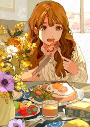 Rule 34 | 1girl, absurdres, bacon, bread, brown hair, buchi (qooo003), bug, butterfly, eating, flower, food, fork, fried egg, fruit, glass, highres, holding, holding fork, holding knife, insect, kiwi (fruit), knife, long hair, long sleeves, looking at viewer, original, peas, plate, strawberry, vase, window