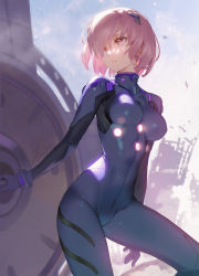 Rule 34 | 1girl, alternate costume, black bodysuit, bodysuit, breasts, commentary, fate/grand order, fate (series), floating hair, hair between eyes, hair over one eye, highres, holding, holding shield, looking away, mash kyrielight, medium breasts, multicolored bodysuit, multicolored clothes, neon genesis evangelion, open mouth, parted lips, pink eyes, pink hair, plugsuit, purple bodysuit, shield, short hair, siino, simple background, solo, teeth