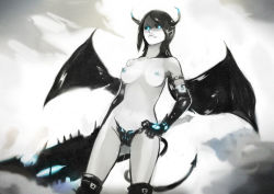 Rule 34 | 1girl, absurdres, black gloves, black hair, blue eyes, blue nipples, boots, breasts, colored nipples, colored skin, cowboy shot, demon girl, demon horns, demon tail, demon wings, dutch angle, elbow gloves, fang, from below, gloves, glowing, glowing eyes, grey skin, grin, groin, hand on own hip, highres, holding, holding weapon, horns, long hair, looking at viewer, navel, nipples, okuto, original, smile, solo, standing, sweat, tail, teeth, thigh gap, thighs, weapon, wings