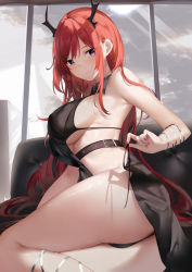 Rule 34 | 1girl, arknights, armpits, ass, bare arms, bare shoulders, belt, black dress, black panties, breasts, closed mouth, covered erect nipples, dress, highres, horns, large breasts, panties, purple eyes, red hair, sideboob, sideless outfit, sidelocks, sleeveless, sleeveless dress, solo, surtr (arknights), suzuame yatsumi, thighs, underwear